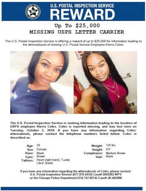Oct 2, 2018 September 24, 2022 Family of missing Chicago woman Kierra Coles marks her 30th birthday Fox 32 WFLD-TV News Outlet June 14, 2022 New video shows missing postal worker Kierra Coles before she vanished in 2018 CBS 2 WBBM-TV News Outlet. . Kiara cole missing chicago